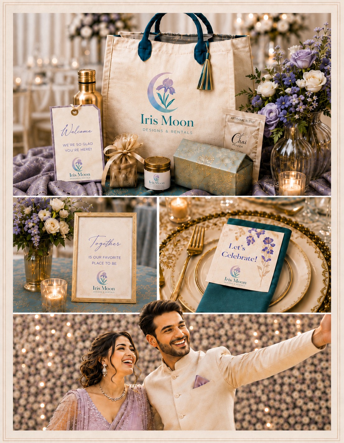 Iris Moon wedding welcome details, tablescape, and couple