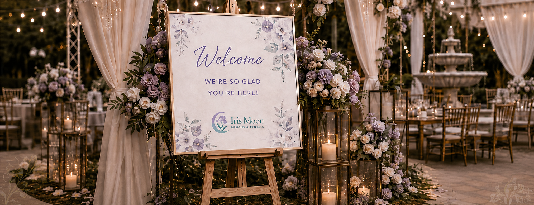 Elegant wedding welcome sign and floral décor