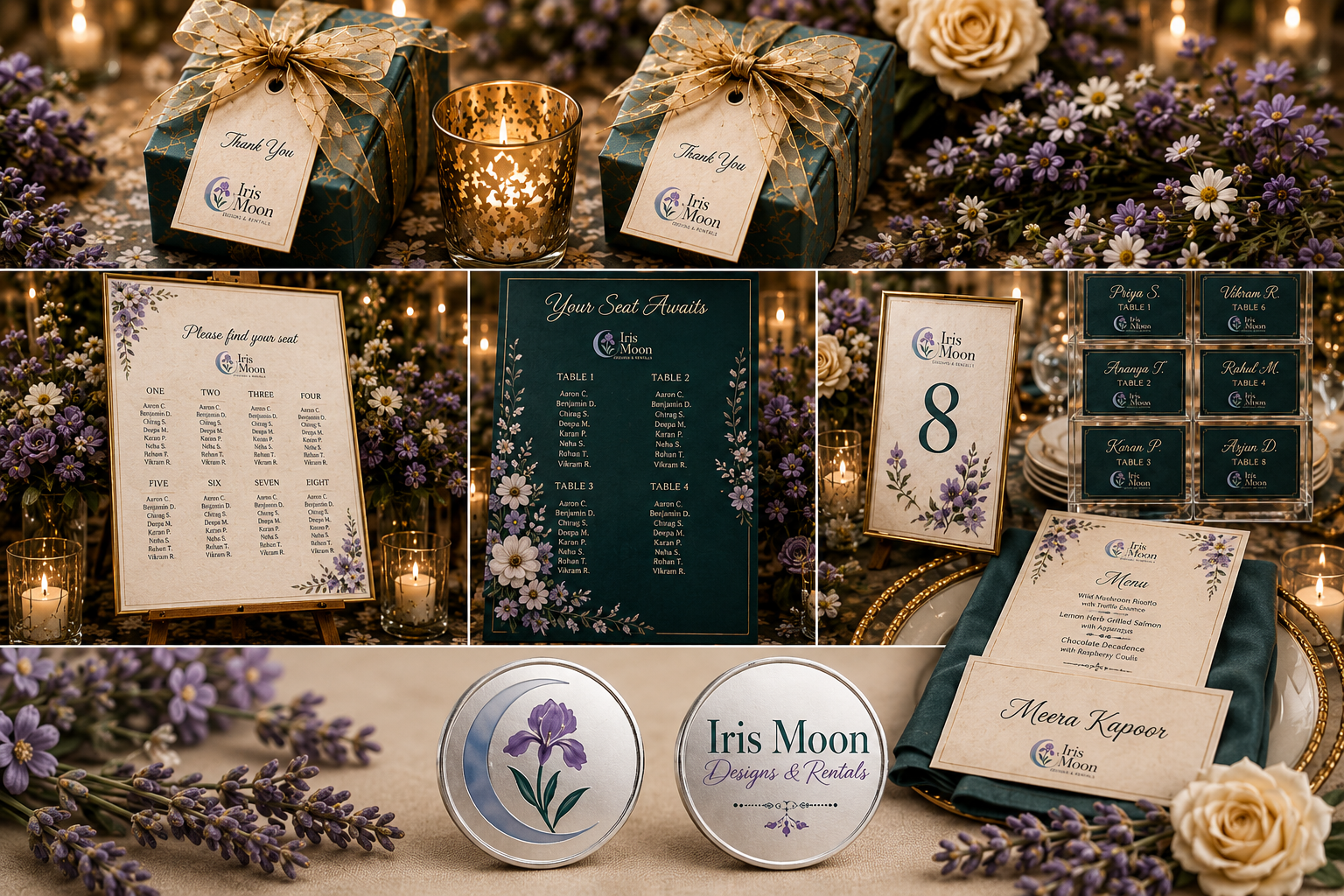 Custom wedding favors, seating charts, table details, and silver coin favors