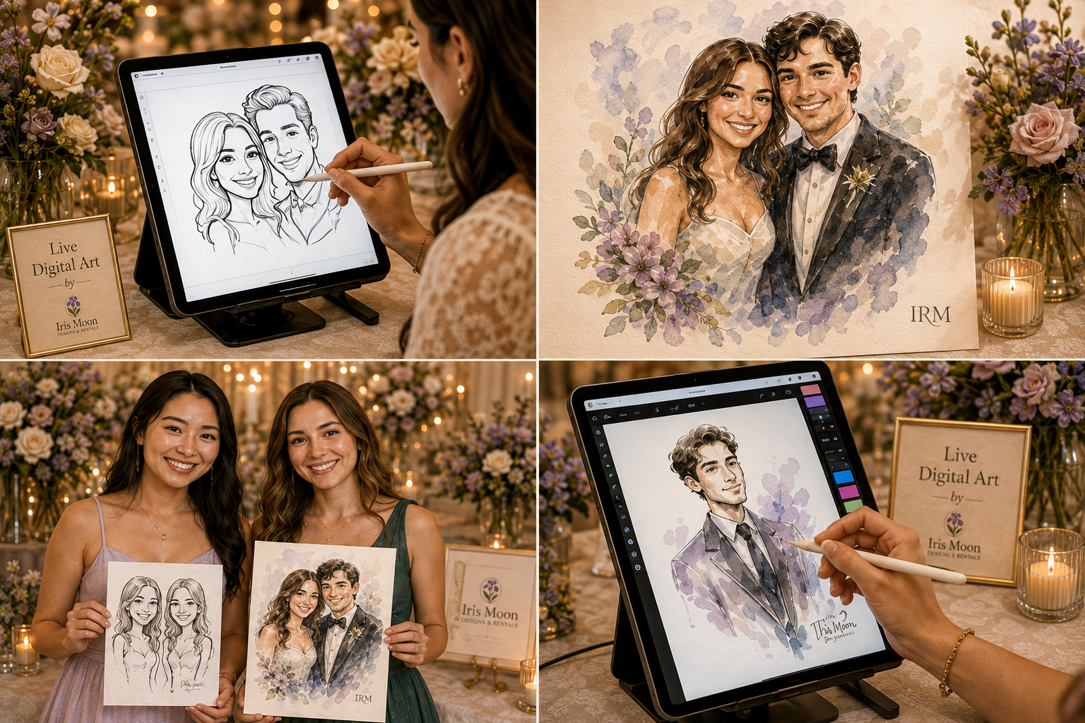 Live digital caricature and watercolor illustration at a wedding