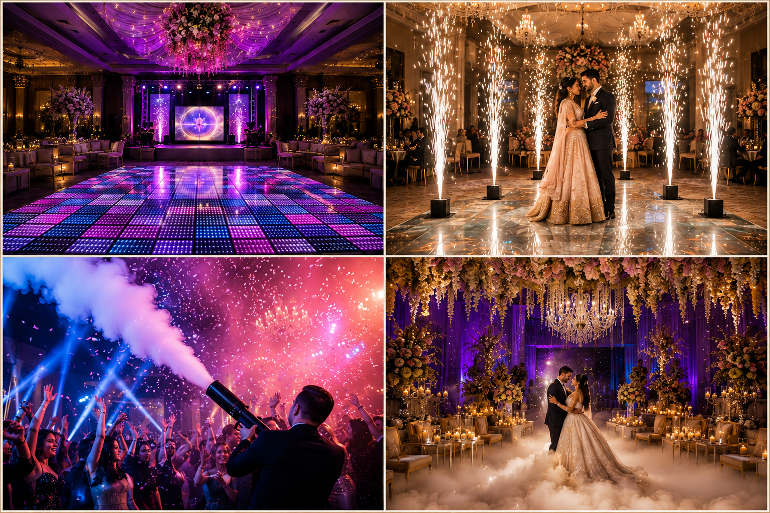 LED dance floor and special effects at an elegant wedding reception